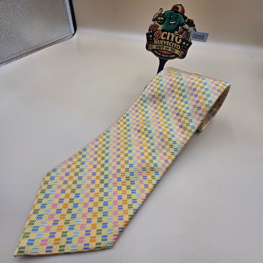 Altea Milano Mens Silk Tie Yellow Multi Color Geometric Basketweave Made Italy